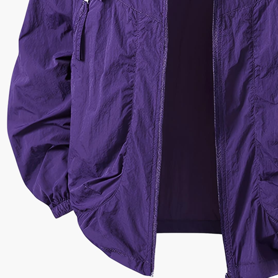 Unisex windbreaker jacket with hood and zip pockets for outdoors