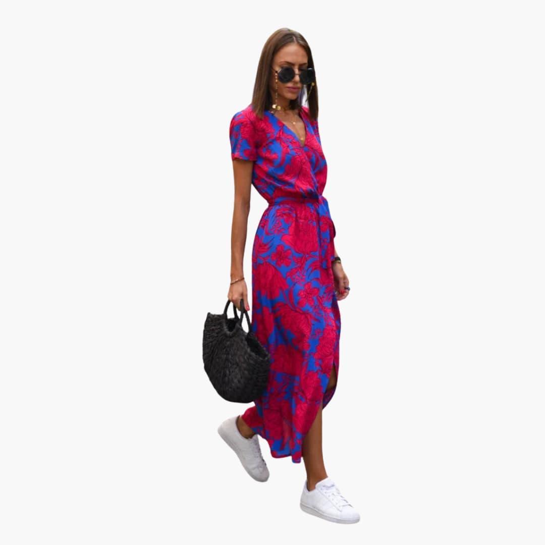 Floral Wrap Midi Dress with Tie Waist - Casual Dress for Women