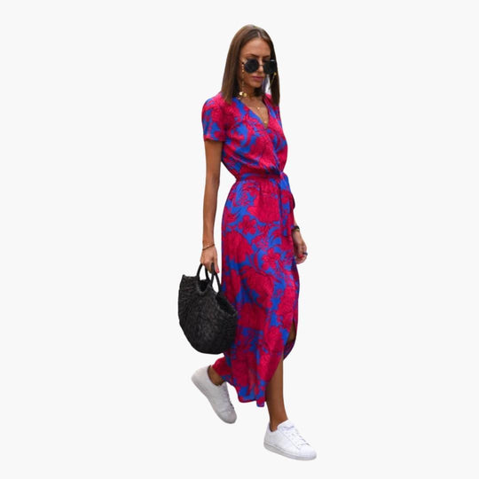 Floral Wrap Midi Dress with Tie Waist - Casual Dress for Women