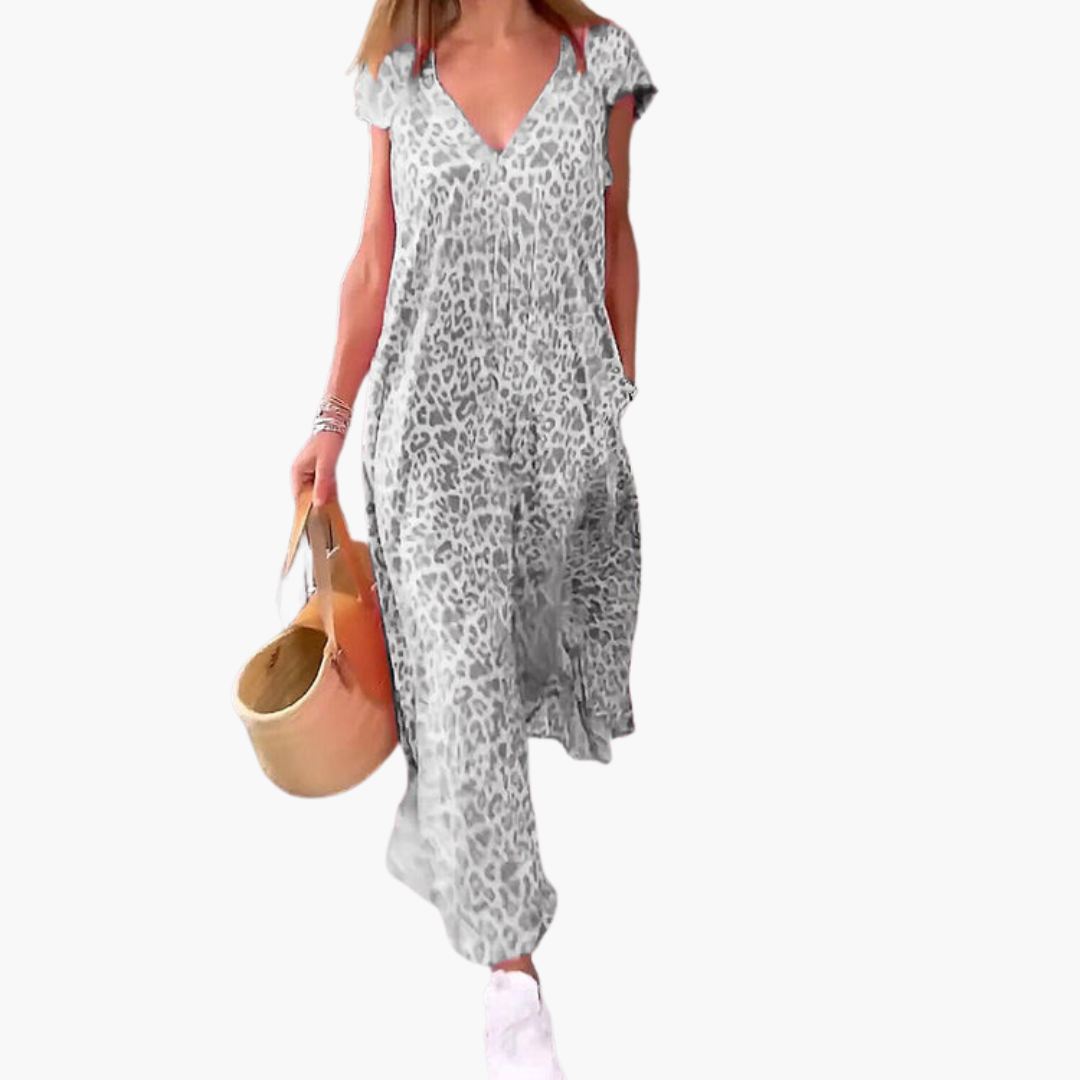Leopard Print Midi Dress for Women – V-Neck & Loose Fit