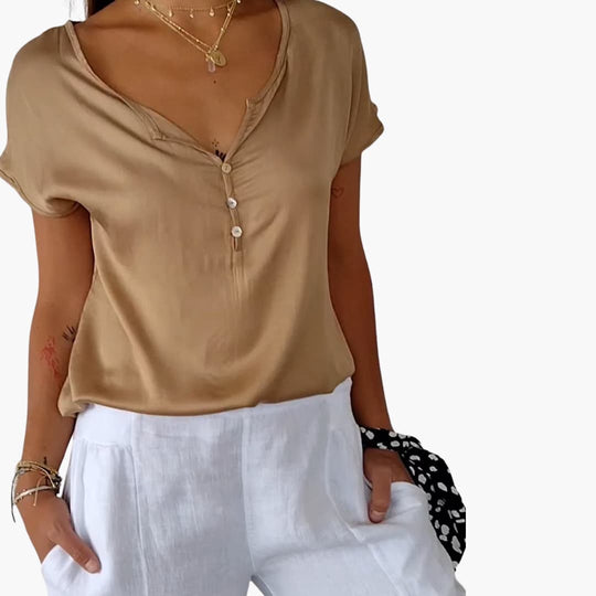 Women’s V-neck short sleeve top with button placket