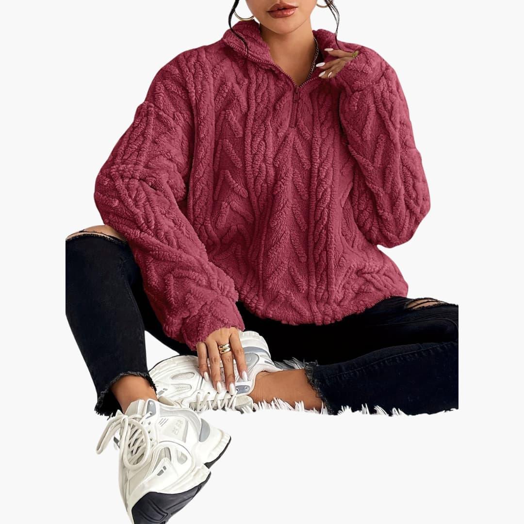 Cable Knit Half-Zip Fleece Sweatshirt - Cosy Fit for Women - IsabellaMae
