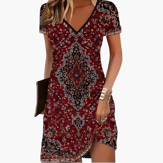 Women’s cocktail dress with V-neck and short sleeves