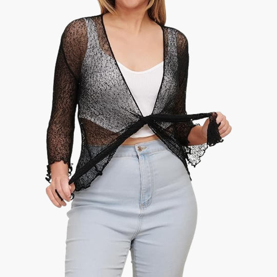 Women’s tie-up bolero top with sheer knit and cropped fit