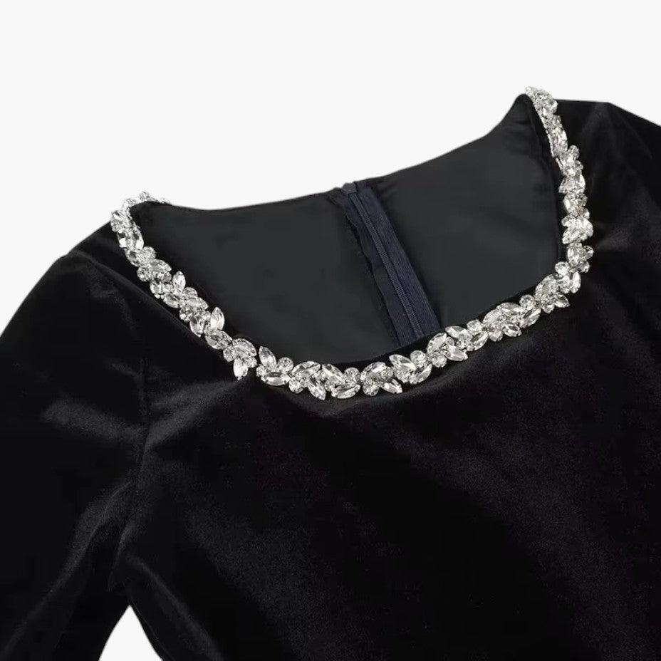 Velvet Long Sleeve Mini Dress - Elegant Pearl Detail for Women