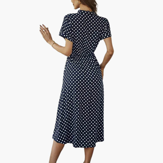 Women’s midi dress with short sleeves and button front