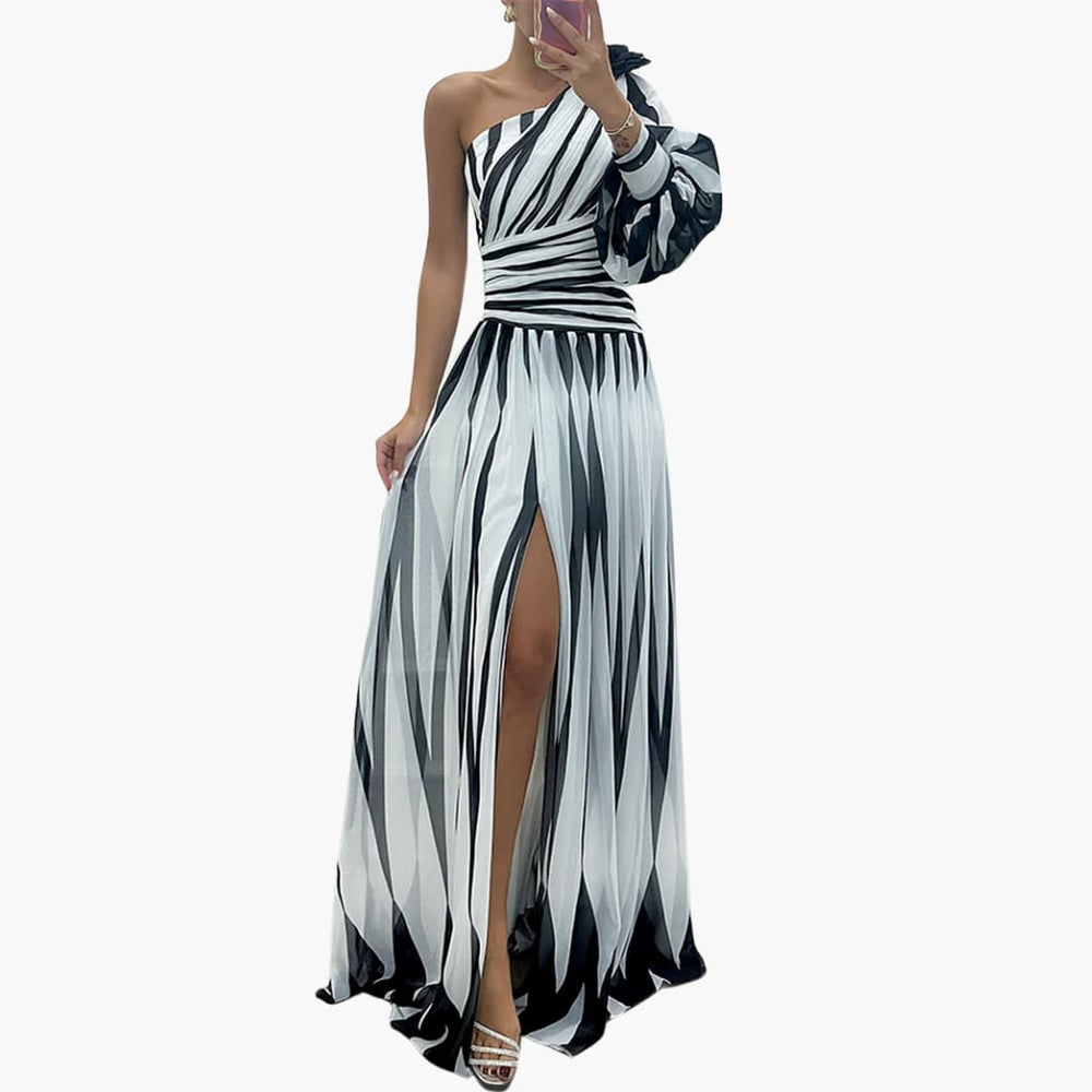 One Shoulder Maxi Dress for Women - Elegant Striped Slit