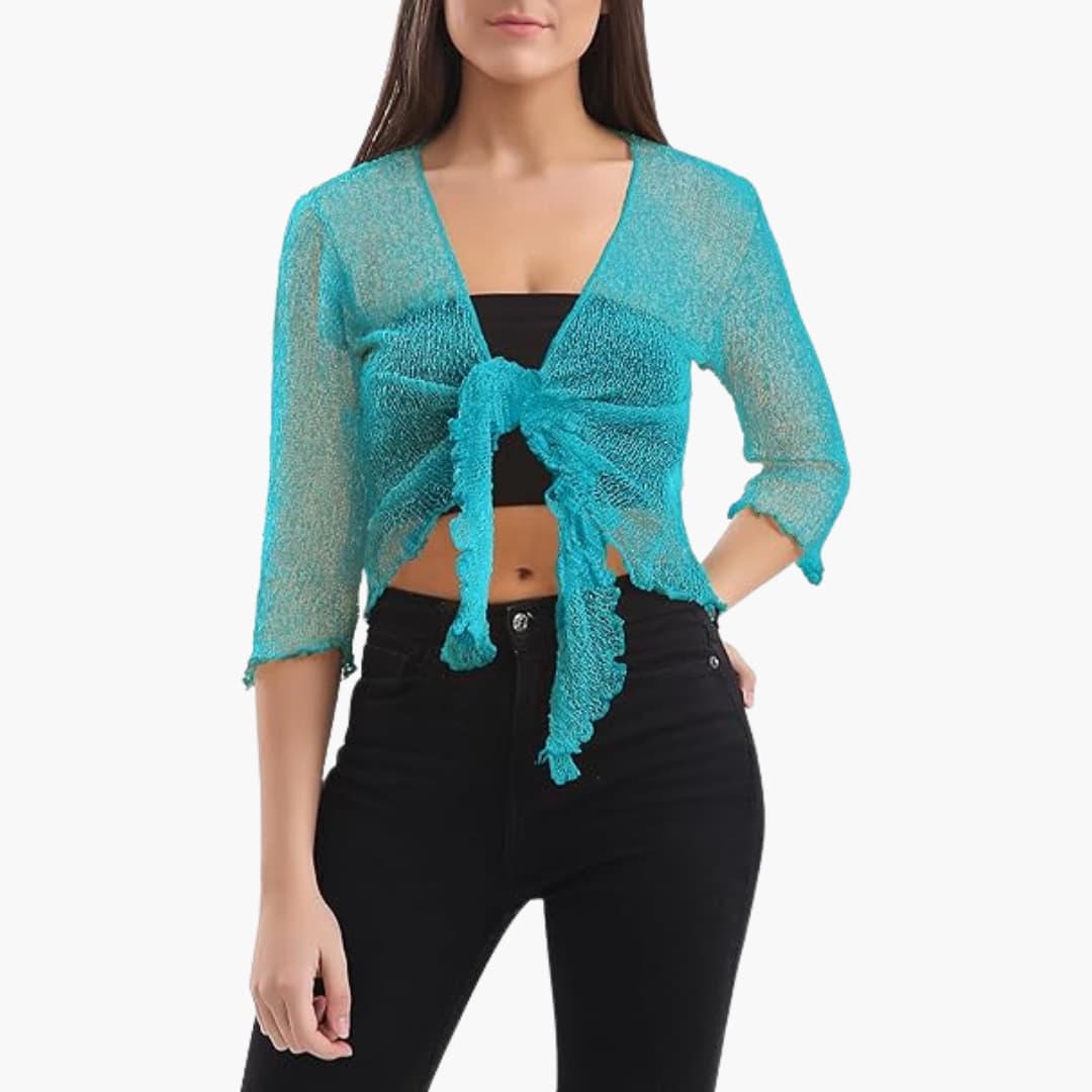 Women’s cropped tie-up shrug with sheer knit sleeves