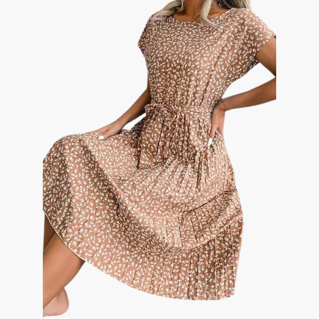 Summer Dress - Women’s Floral Belted Casual Knee-Length Fit