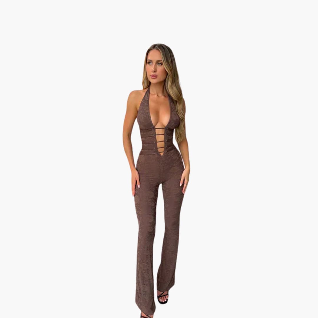 Women’s sleeveless jumpsuit with flared legs and lace-up front
