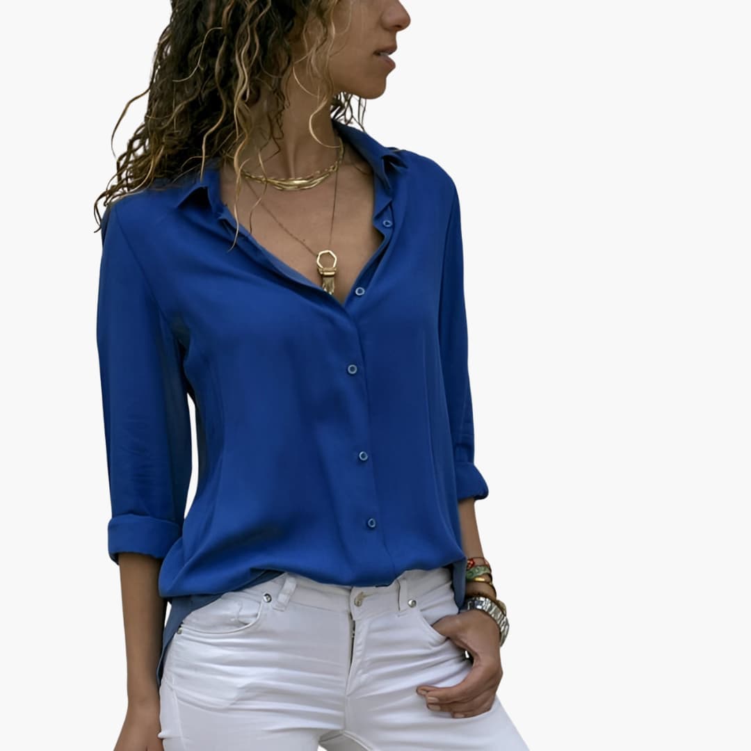 Women’s silk long sleeve blouse with collared V-neck front