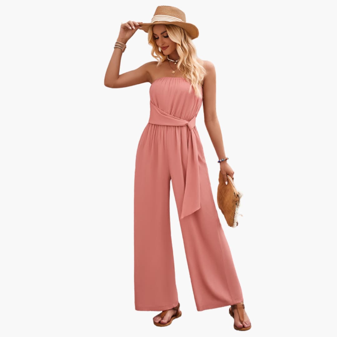 Women’s strapless summer jumpsuit with wide leg and waist tie