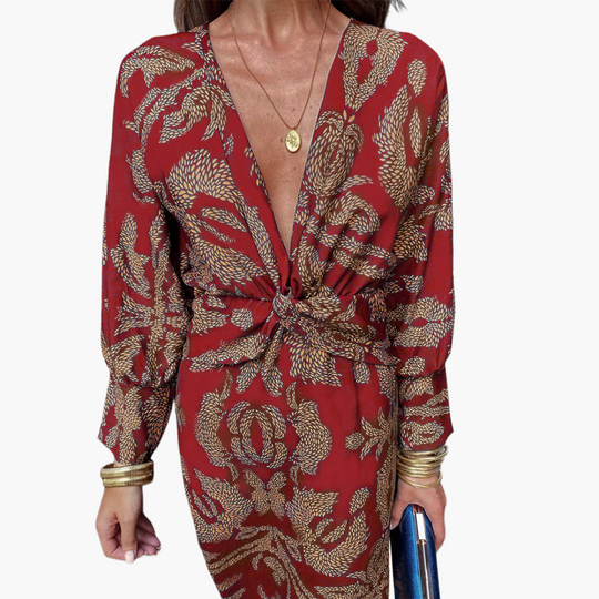 Printed Twist Front Midi Dress for Women – V-Neck & Long Sleeve