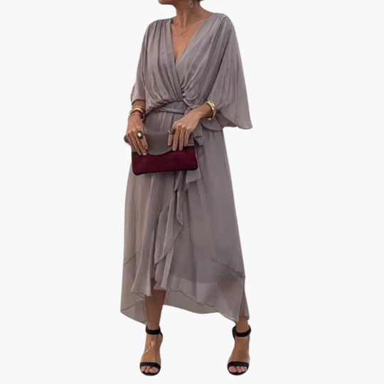 Chiffon Midi Dress with V-Neck and Belt - Women’s Stylish Wear