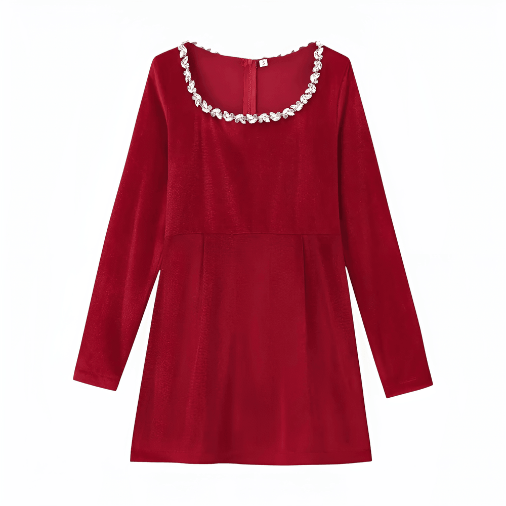 Velvet Long Sleeve Mini Dress - Elegant Pearl Detail for Women