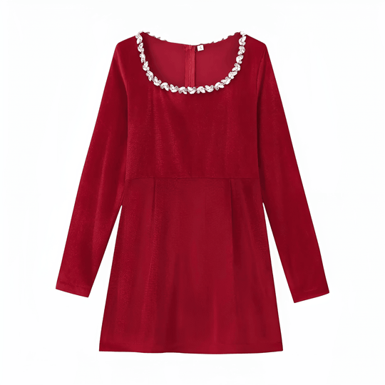 Velvet Long Sleeve Mini Dress - Elegant Pearl Detail for Women