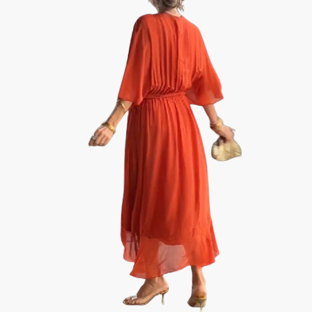 Chiffon Midi Dress with V-Neck and Belt - Women’s Stylish Wear
