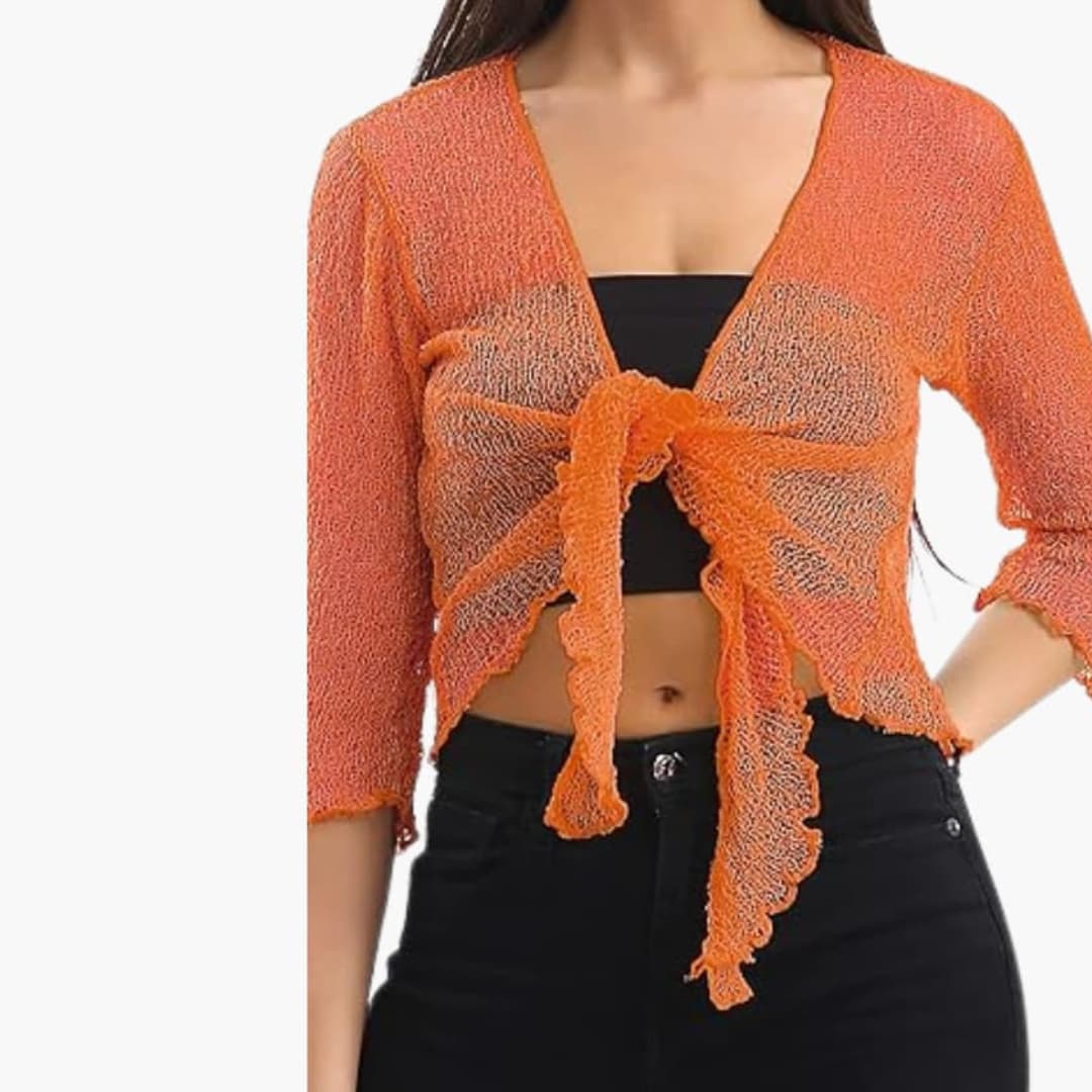 Women’s cropped tie-up shrug with sheer knit sleeves