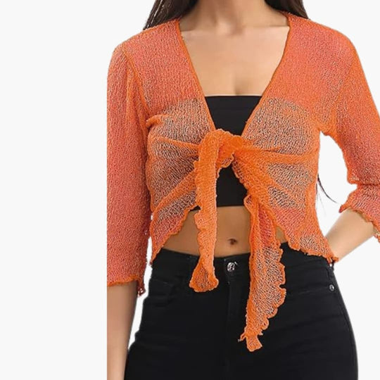 Women’s cropped tie-up shrug with sheer knit sleeves