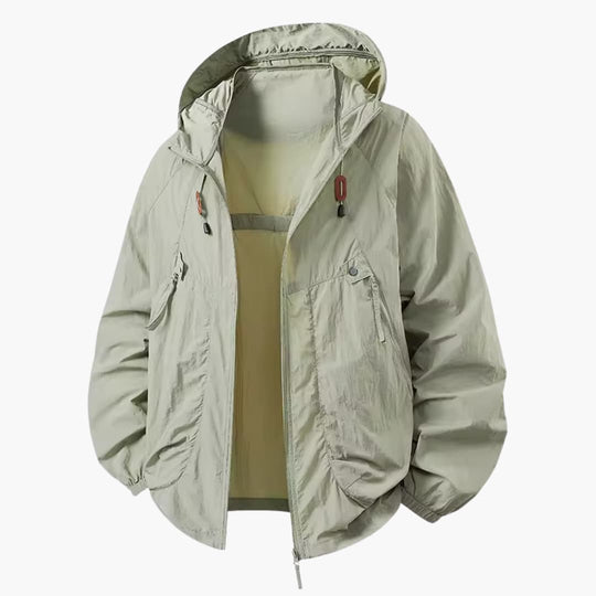 Unisex windbreaker jacket with hood and zip pockets for outdoors