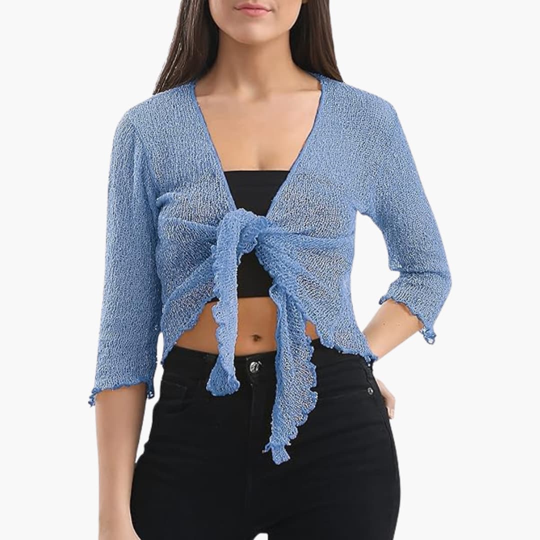 Women’s tie-up bolero top with sheer knit and cropped fit