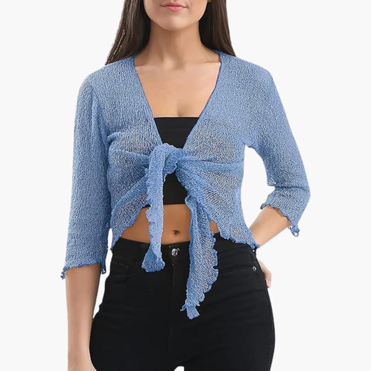 Women’s tie-up bolero top with sheer knit and cropped fit