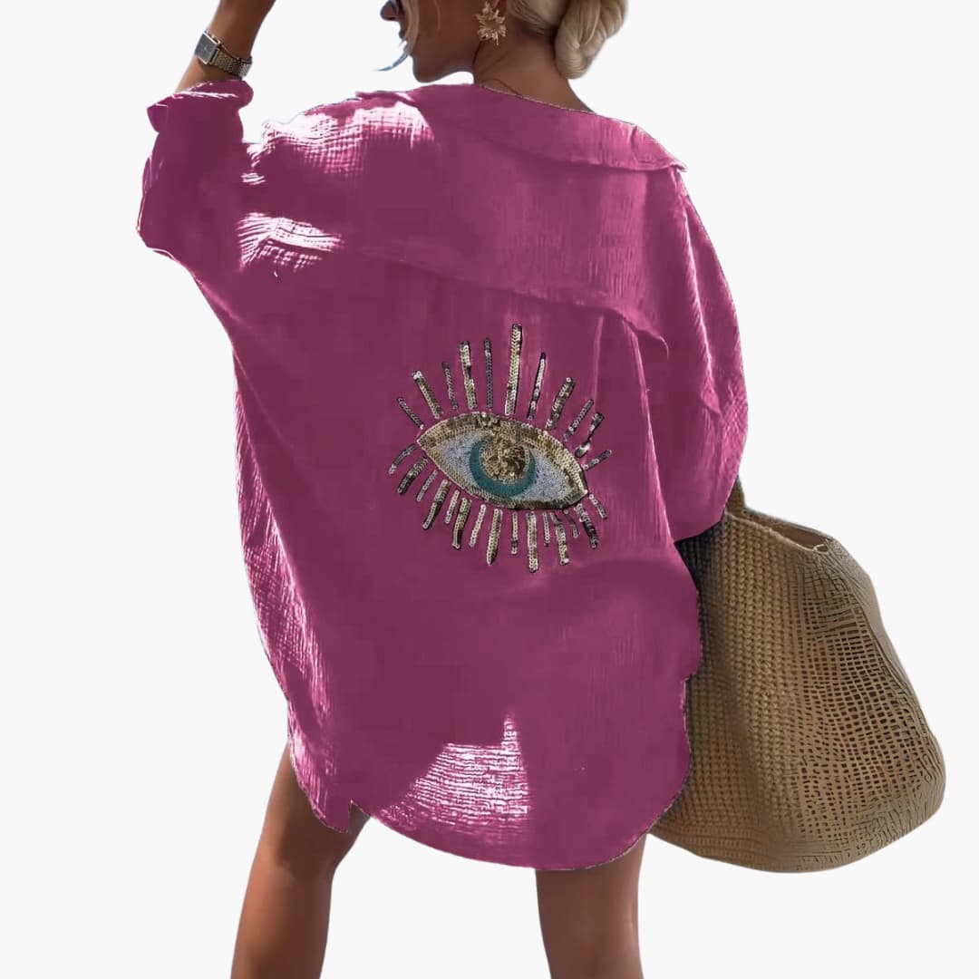 Women’s oversized beach shirt with long sleeves and sheer fabric