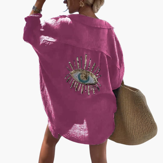 Women’s oversized beach shirt with long sleeves and sheer fabric