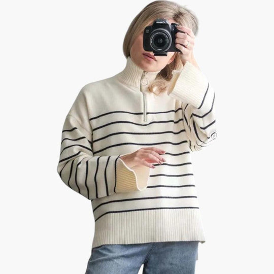 Striped Knit Jumper for Women - Soft Cotton Crew Neck Style