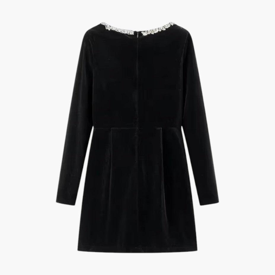 Velvet Long Sleeve Mini Dress - Elegant Pearl Detail for Women