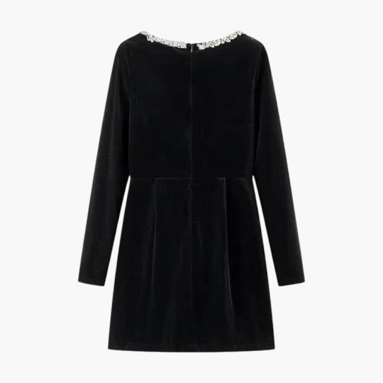 Velvet Long Sleeve Mini Dress - Elegant Pearl Detail for Women