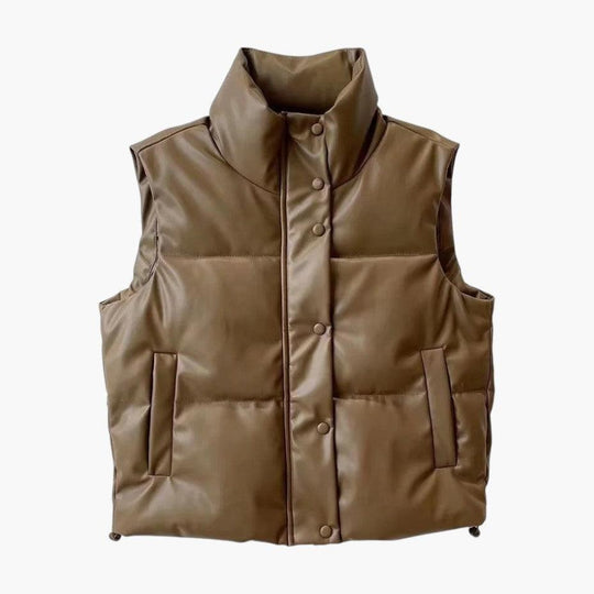 Faux Leather Puffer Vest – Unisex Sleeveless Winter Gilet