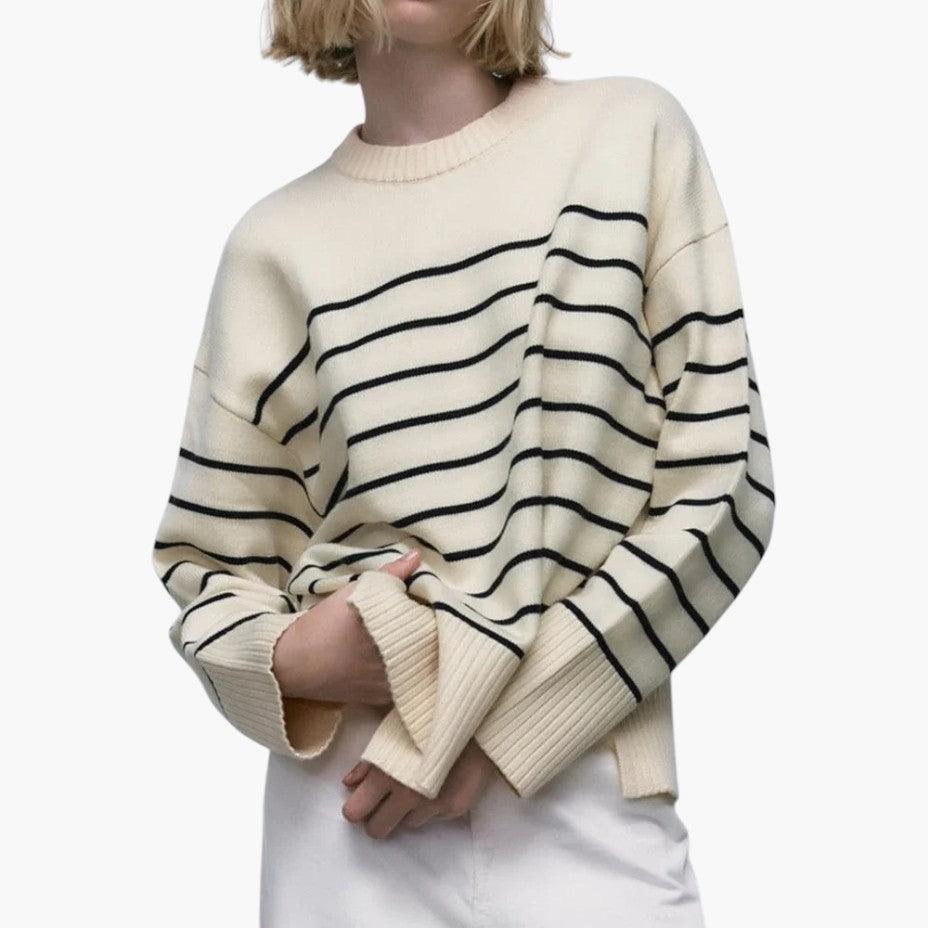 Striped Crew Neck Jumper - Soft Cotton Knitwear for Women